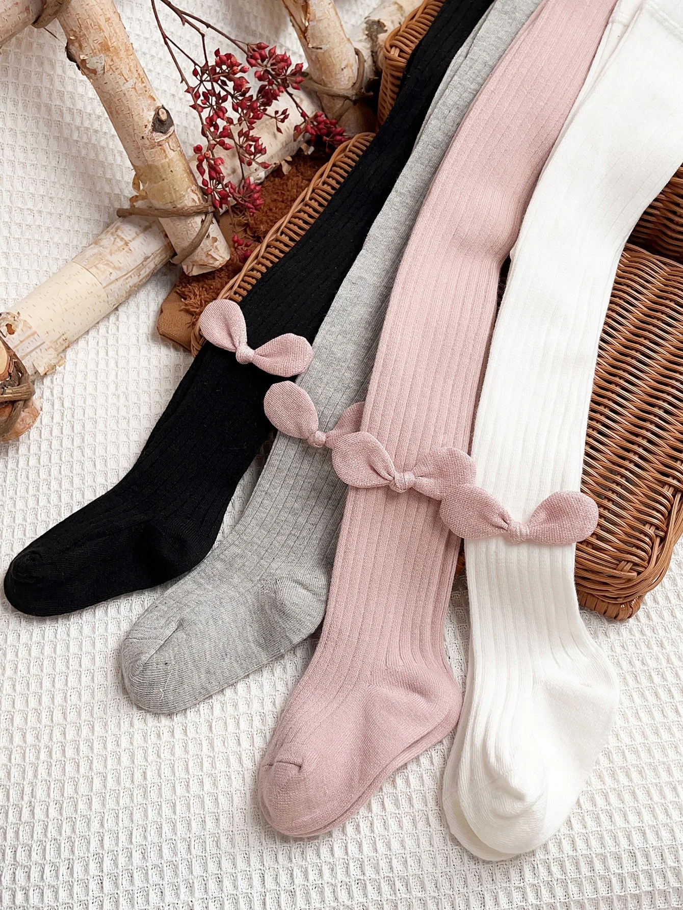 4Pcs Girls Cute Ear Bow Tights Ribbed Stretch Leggings School Uniform Daily Wear Kids Fashion Princess Style Soft Breathable Set
