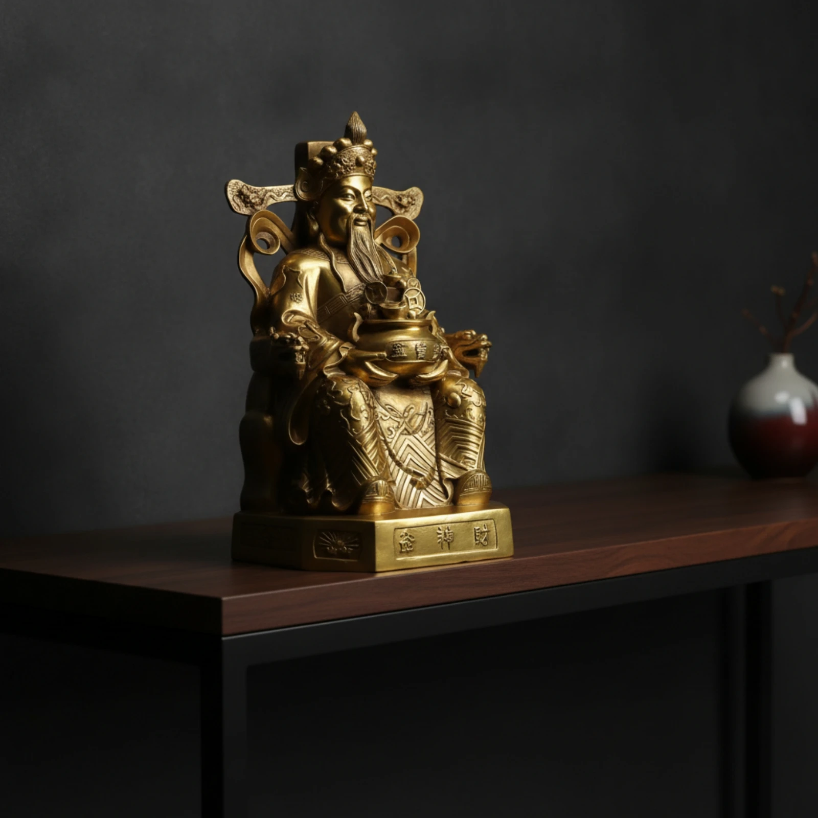 Wealth Deity Statue Embossed God of Wealth Statue Figurine with Base Ingot Ornament Desktop Figure Symbolic for Believers