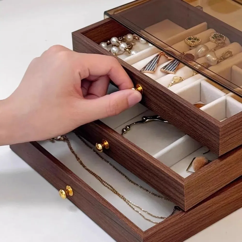 多層木製ジュエリーボックス透明窓付き三層引き出しオーガナイザー大容量スクエアデザイン