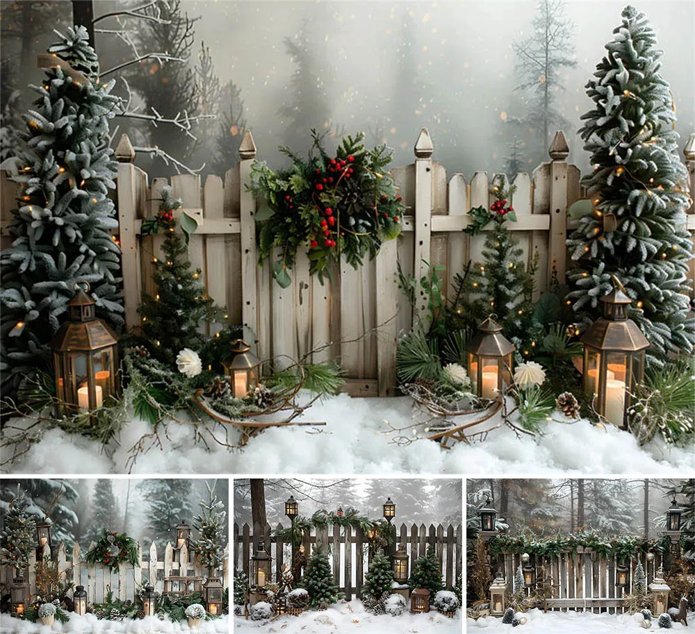 Mehofond Forest Wood Fence Christmas Photography Backdrop Kids Holiday Portrait Trees Lights Dense Fog Decor Photo Background