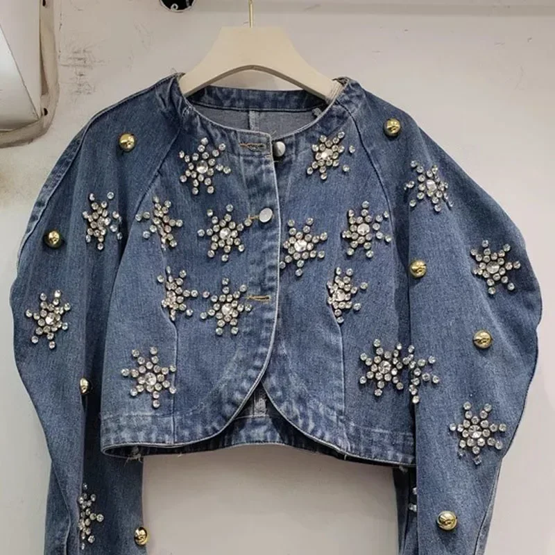 Spring Women Manual Beaded Diamond Blue Short Jeans Jacket Round Collar Puff Sleeve Irregular Single Button Denim Coat Female