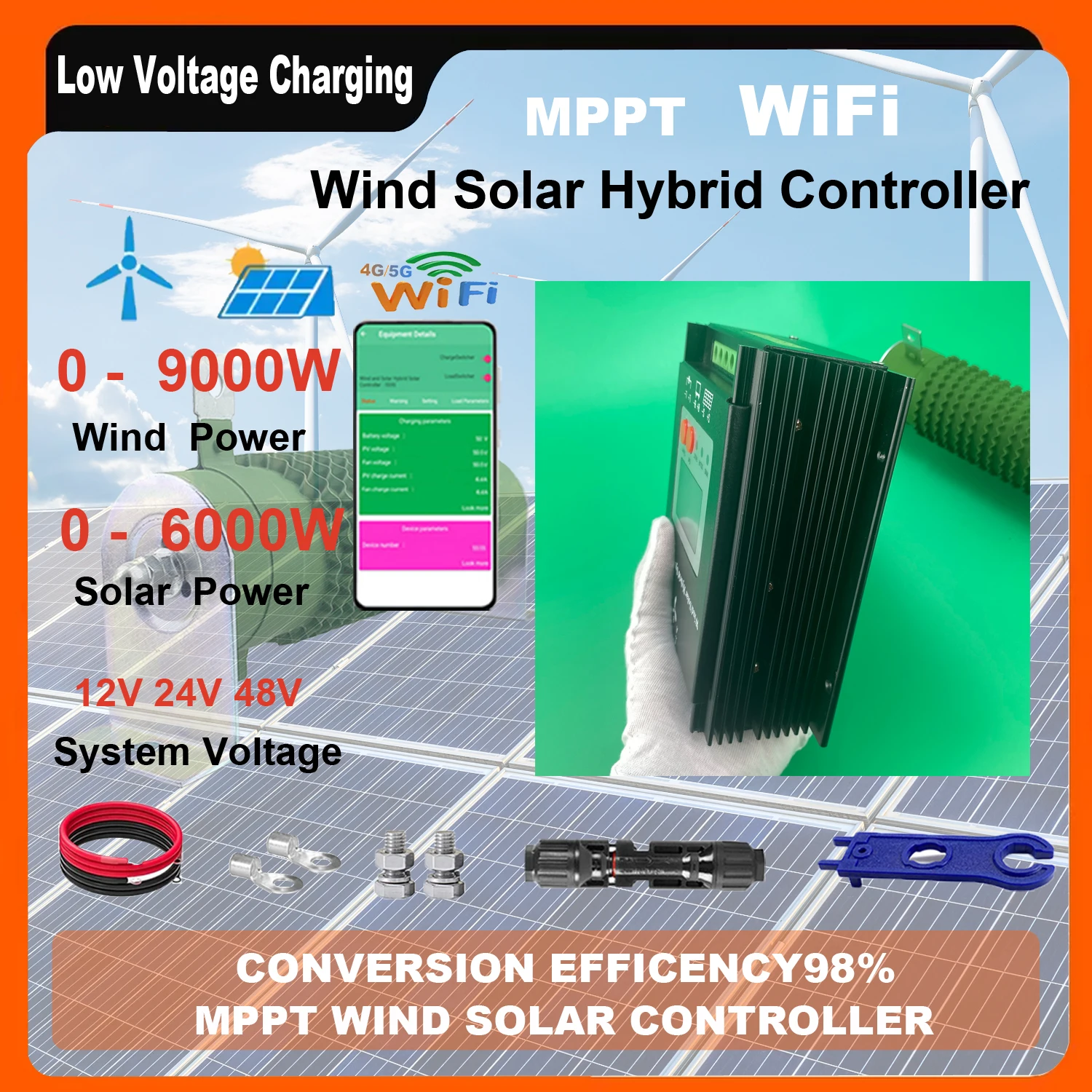 12V 24V 48V 4000W 15000W Wifi Wind Solar Hybrid Charge Controller, MPPT Charge for Solar Panel Wind Turbine, Lithium Lead Acid B
