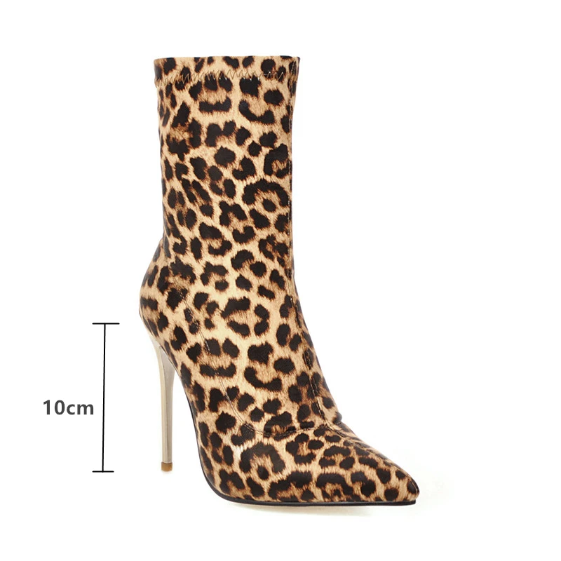 Sexy Sock Boot Female Stretch Slim Ankle Boots For Women High Heels Fashion Leopard Silver Party Shoes Spring Autumn Big Size 48