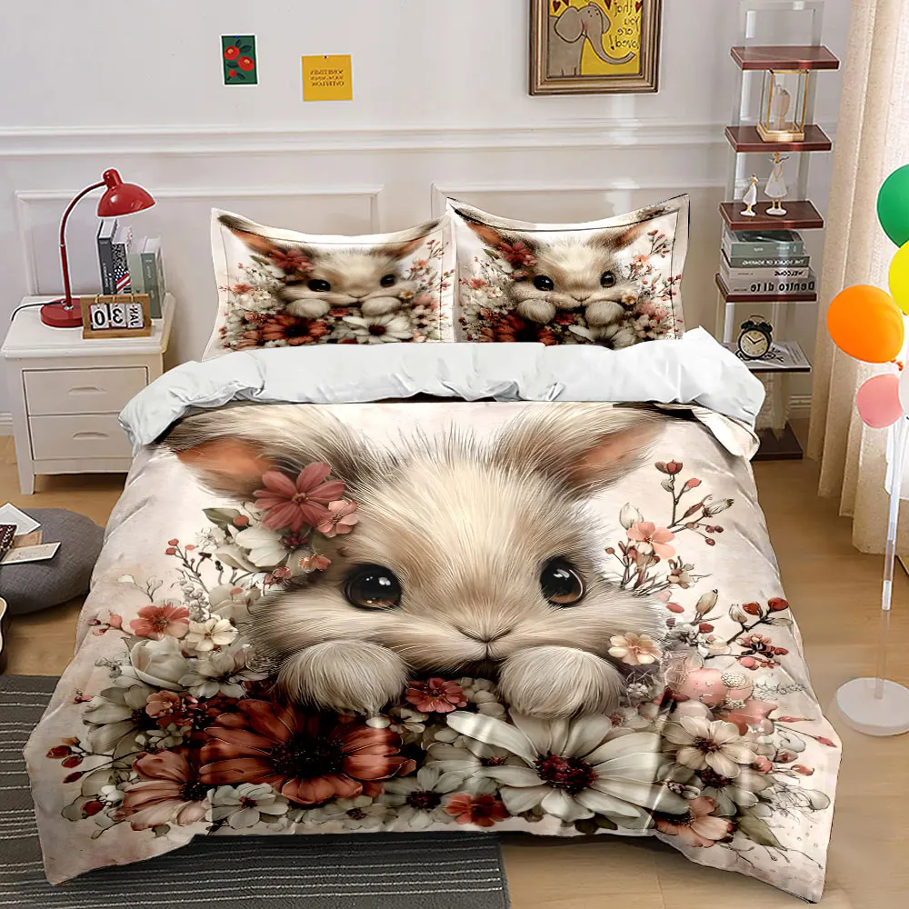 Adorable Bunny with Delicate Flowers Duvet Cover Set with 3D Printing Design Soft Polyester Bedding Set All-Season Comfort