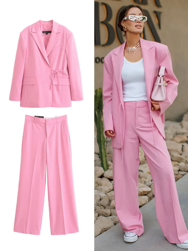 

TRAFZA Women's New Fashion Pink 2 Piece Set Lapel Long Sleeves Pocket Lace-Up Blazers Top+High Waist Zipper Wide Leg Pant