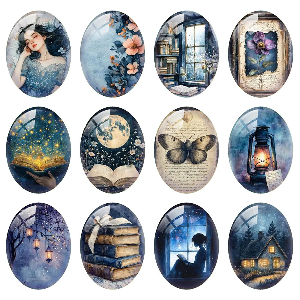 Random Mixed Round/Oval/Square Dark Blue Night Retro Book Moth Photo Glass Cabochon Flatback Demo Cameo For Diy Jewelry Making