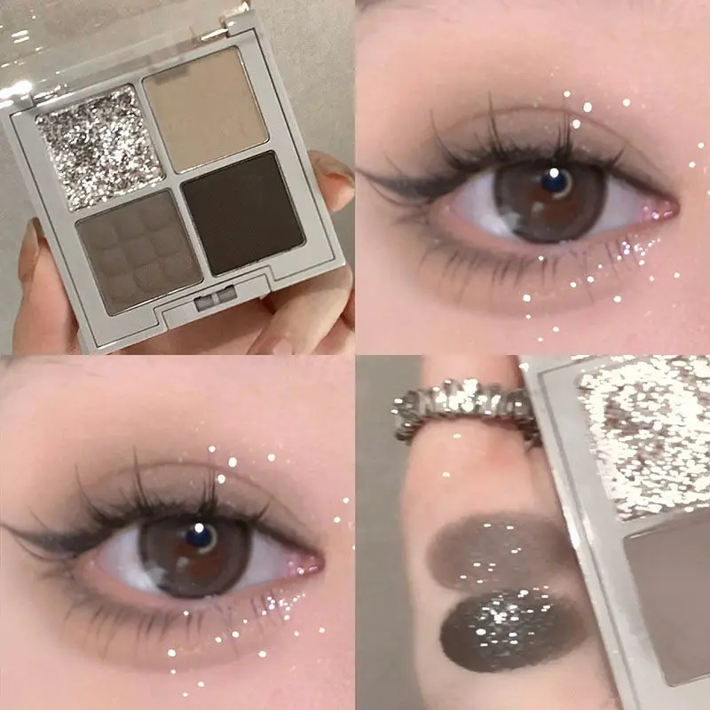 Smoke Dark Grey 4-color Eyeshadow Pearly Bright Matte Glitter Eye Shadow Shimmer Pigment Palette Lasting Earth Black Makeup