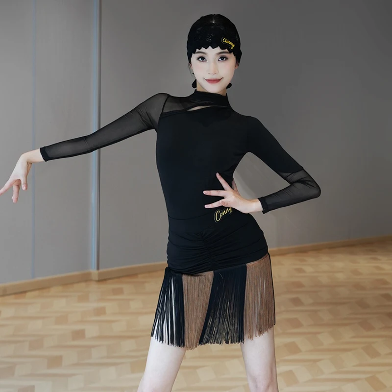 

2025 Adult Latin Dance Dress Black Leopard Fringe Skirt Sexy Rumba Cha Cha Dance Clothes Latin Performance Practice Wear VBH2136