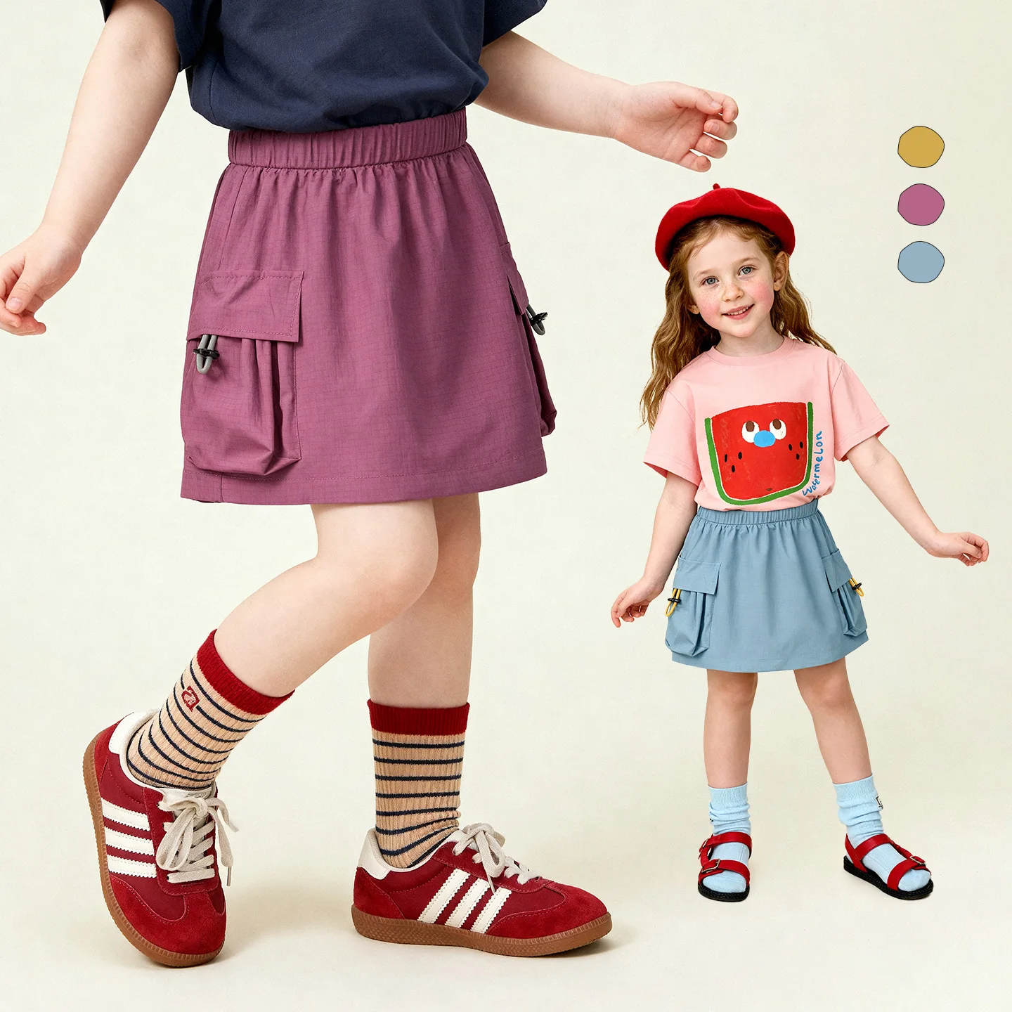 

Amila 2026 Summer New Style Girls' Skirt Workwear Style Large Pockets Contrasting Colors Drawstring Children's A-Line Skirt