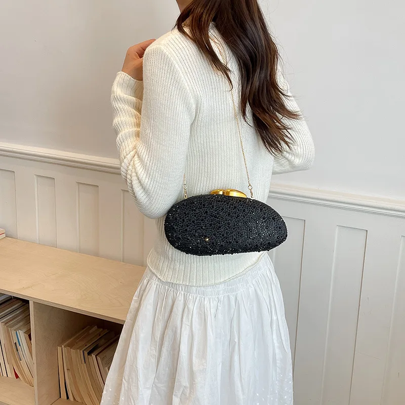 Women Gold Rhinestone Evening Clutch Bag Oval Shape Sparkly Crystal Handbag with Chain Strap for Wedding Party Prom Cocktail