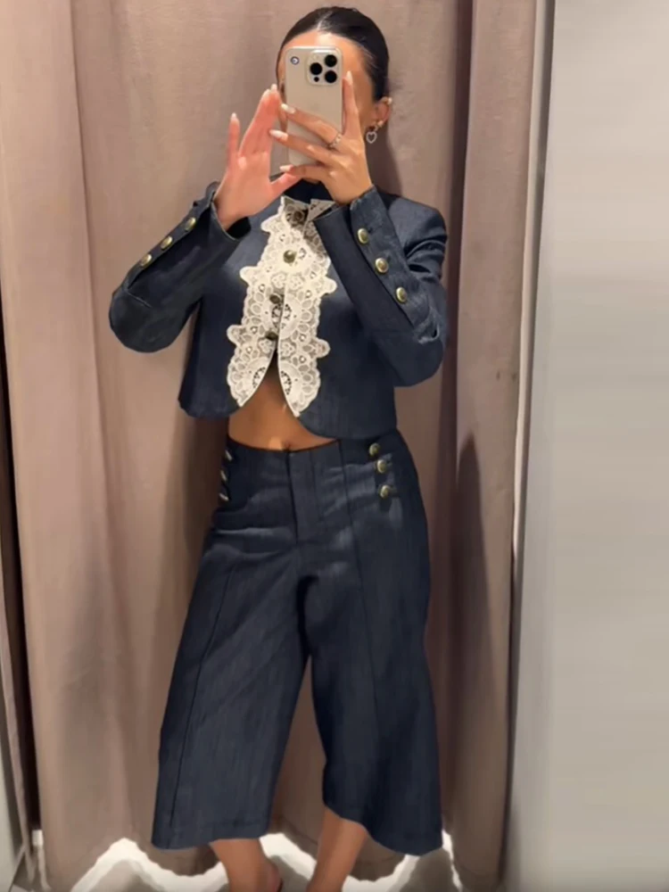 Women Stand Collar Cropped Jacket Contrast Lace Trim Placket Button Long Sleeve Slim Fit Coat Vintage Fall Daily Street Outfit