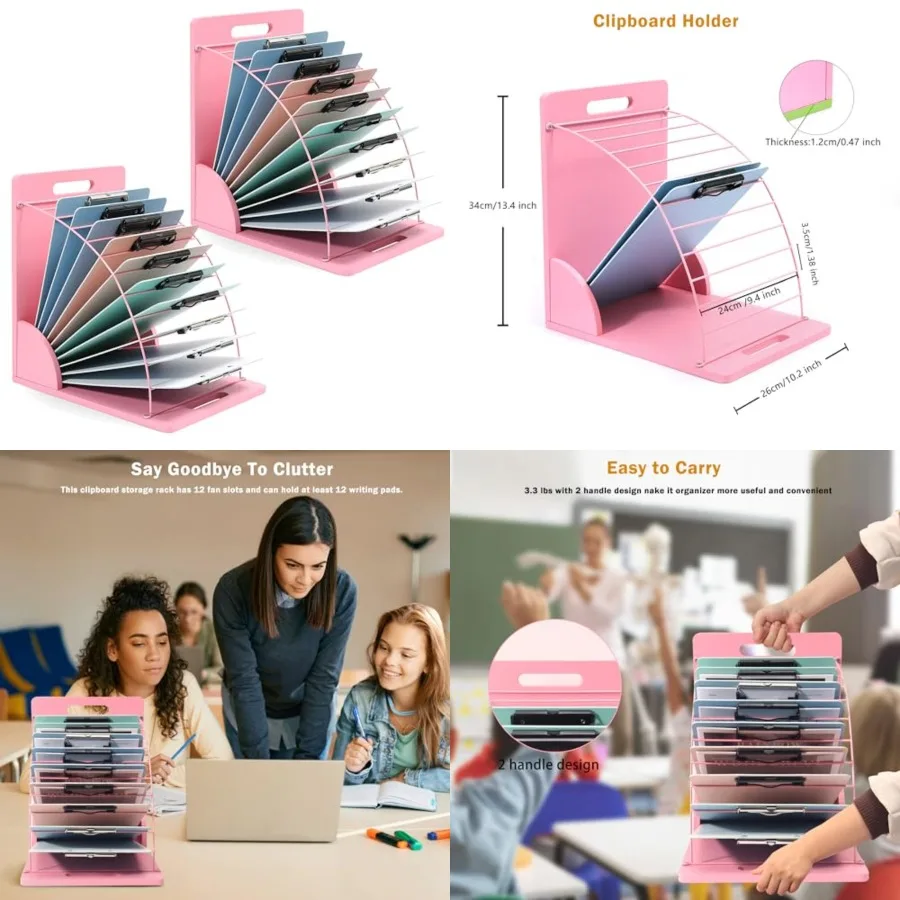 

2 Pack Clipboard Holder - 12 Layer Clipboard Storage Rack Wooden Clipboards Organizer With Sturdy Metal Shelf for Classroom Off