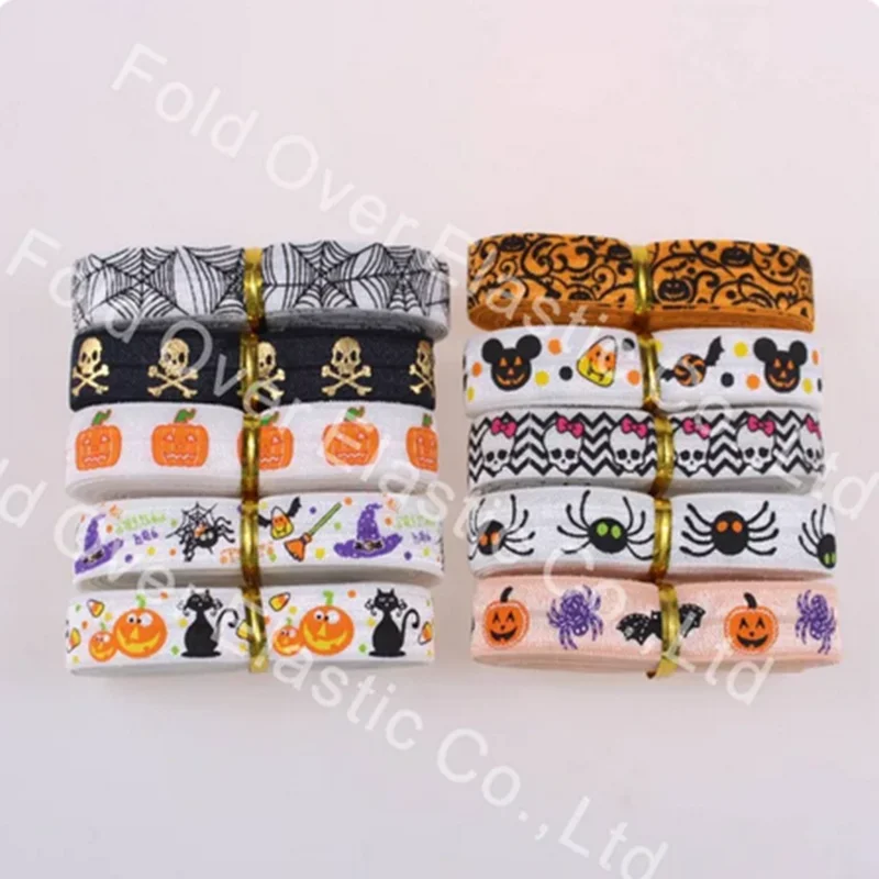 20Yards 5/8'' 15mm Christmas Halloween Pumpkin Fourth Of July Printed FOE Band Fold Over Elastic Ribbon DIY Sewing Accessories