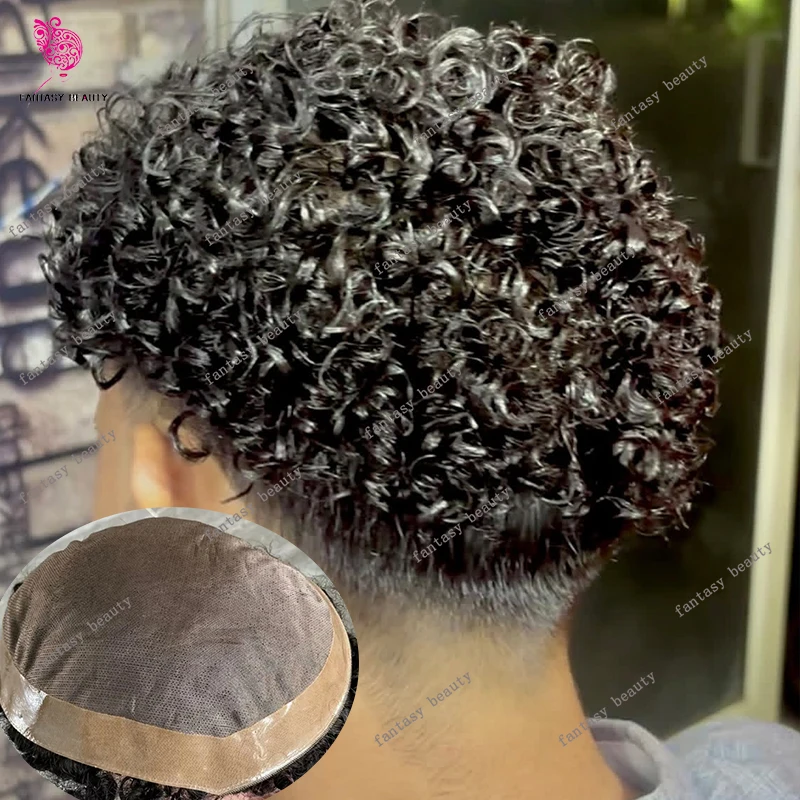 

12mm Afro Man's Black Kinky Curly Mono Lace 8mm 10mm Curl Human Hair Toupee African American Male Natural Hairline Blonde System