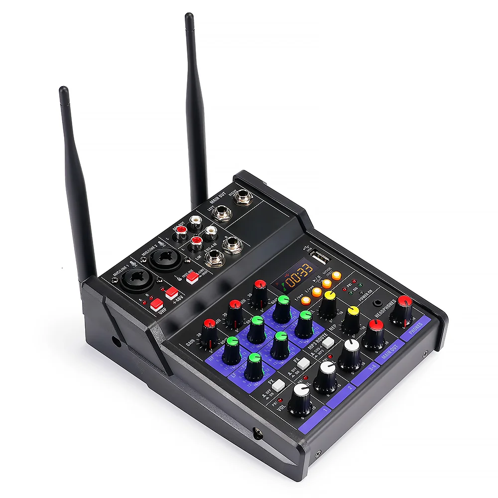 4 Channel Usb Audio Mixer with Wireless Microphone Studio Sound Mixers 5.0 Wireless Record Audio Mixer for Stage Performance