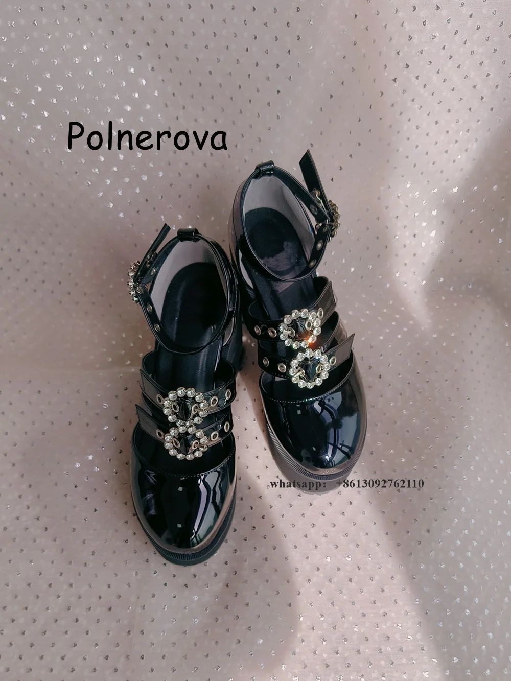 Couro envernizado com fivela de strass para mulheres, salto robusto plataforma, sapatos Mary Jane, casual e elegante, moda feminina, verão