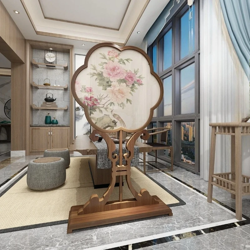 New Chinese-style solid wood entrance screen partition fabric background custom-made modern simple ornament seat screen