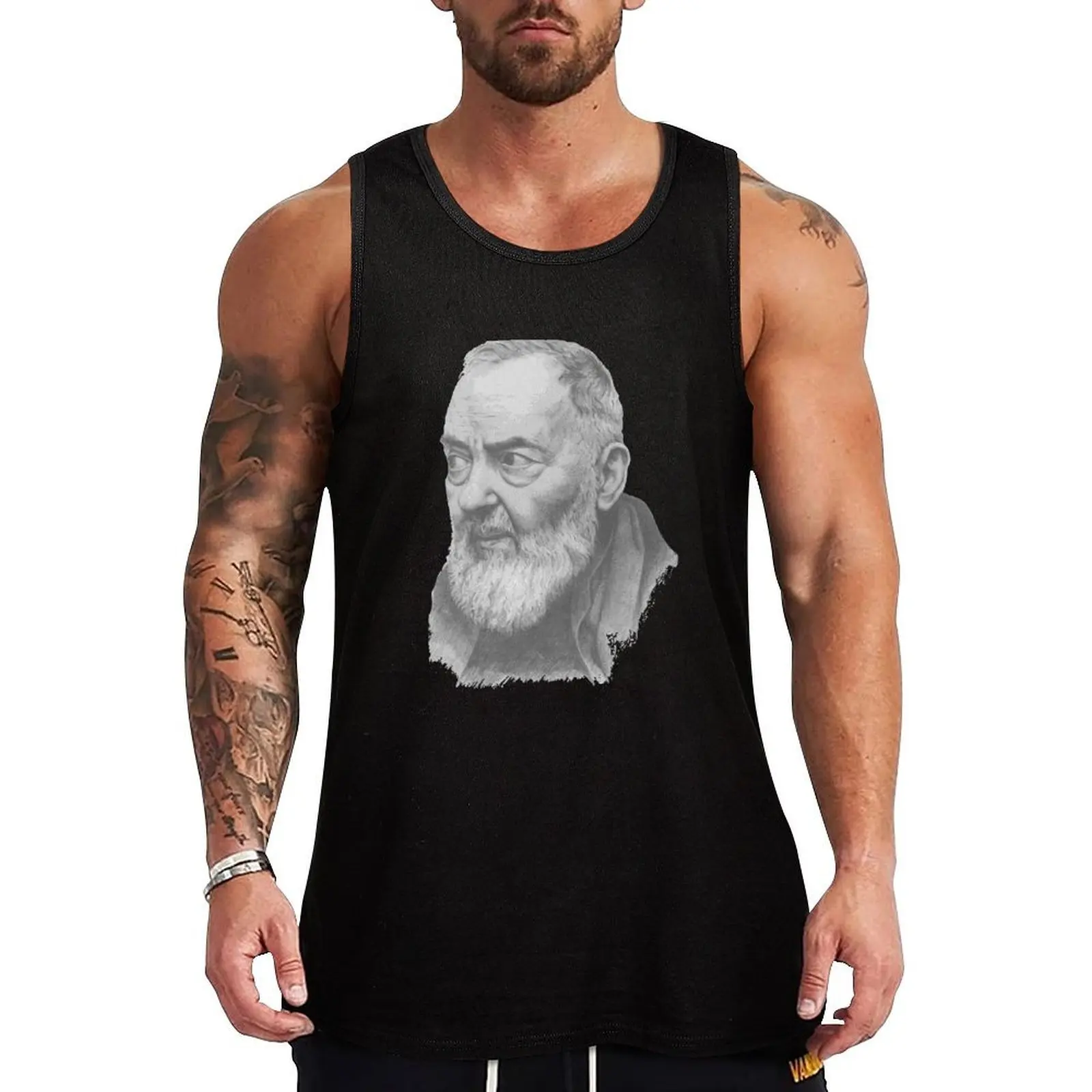 Camiseta Regata com Retrato de São Padre Pio, Regata Ativa Leve para Treino e Academia, Sem Mangas