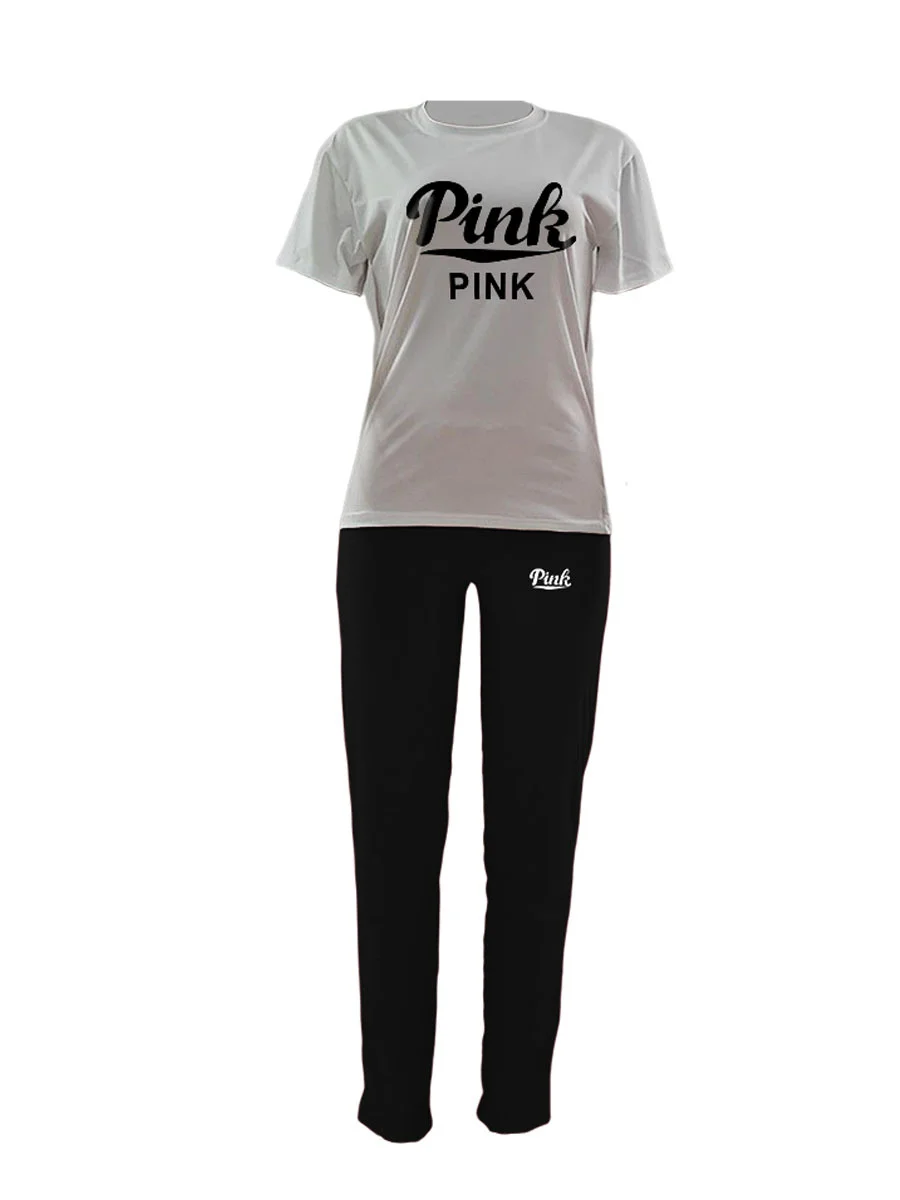 Casual 2-Piece Sets for Women, Pink Letter Print Tracksuits, Plus Size Sweatsuit, 3XL Top and Skinny Pants Outfits, 2PCs