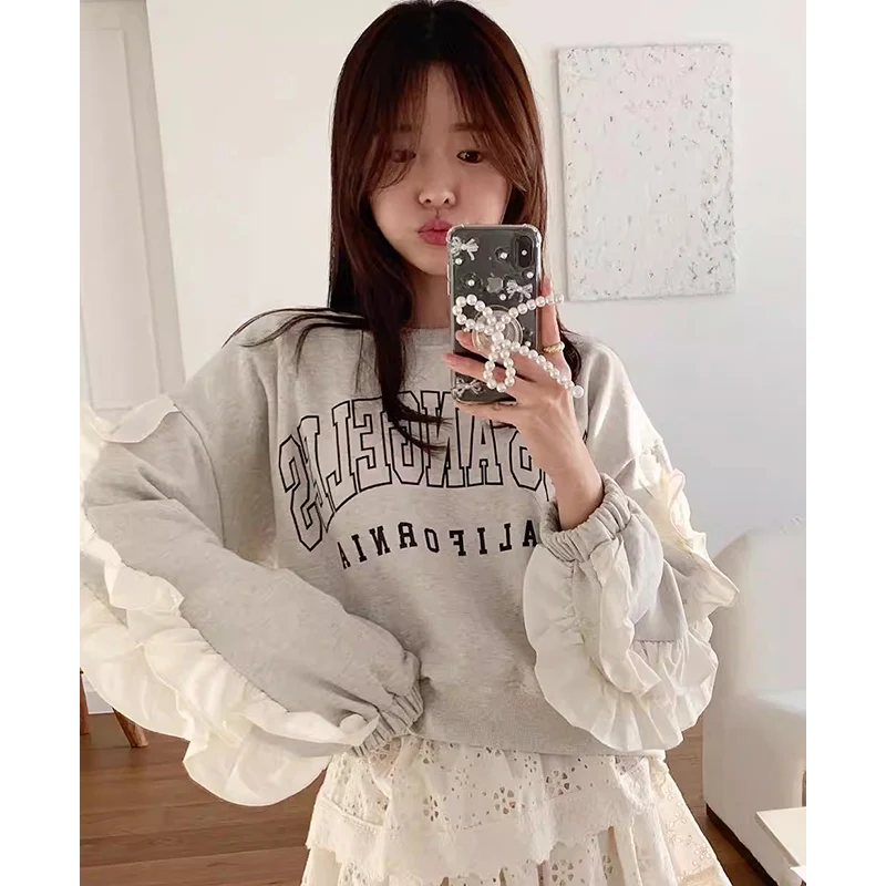 Chic Autumn Winter round Ne Letter Print Loose Fit Splice Long Sve Sweatirt Women's Faionable Agel Sle