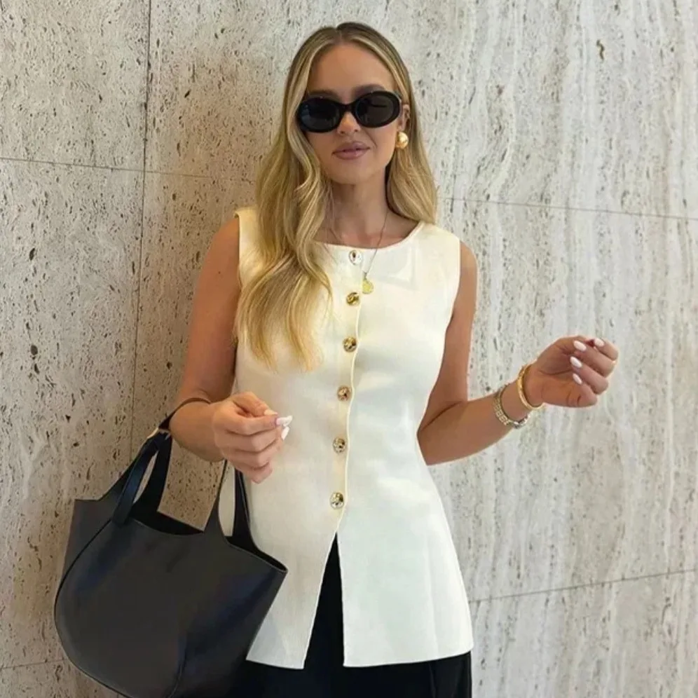 

Женский модный жилет с золотыми пуговицами, украшенный плоской иглой, повседневная верхняя одежда в европейском и американском стиле для женщин