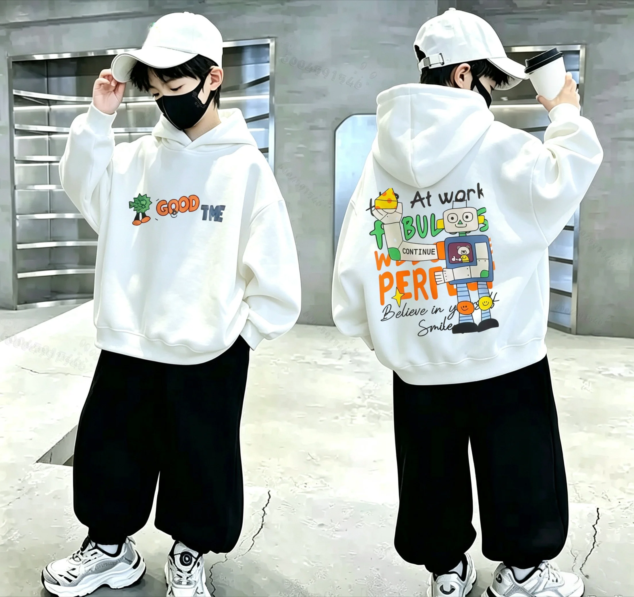 Latest children's hooded sweater. Autumn-winter fun robot letter print loose pullover hoodie children's top.