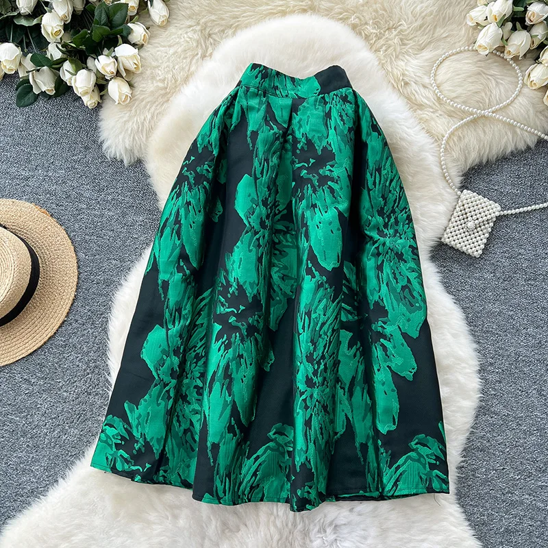 Women's Midi Skirt French Vintage Palace Jacquard Metallic Foil Print Puffy Tiered High Waisted Fall Elegant Party Outfit S589
