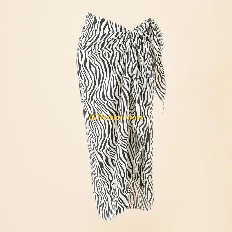 Y5GC Women Beach Sarong Swimsuit Cover Up Boho Leopard Print Tie Waist Split Wrap Long Skirt Sheer Scarf