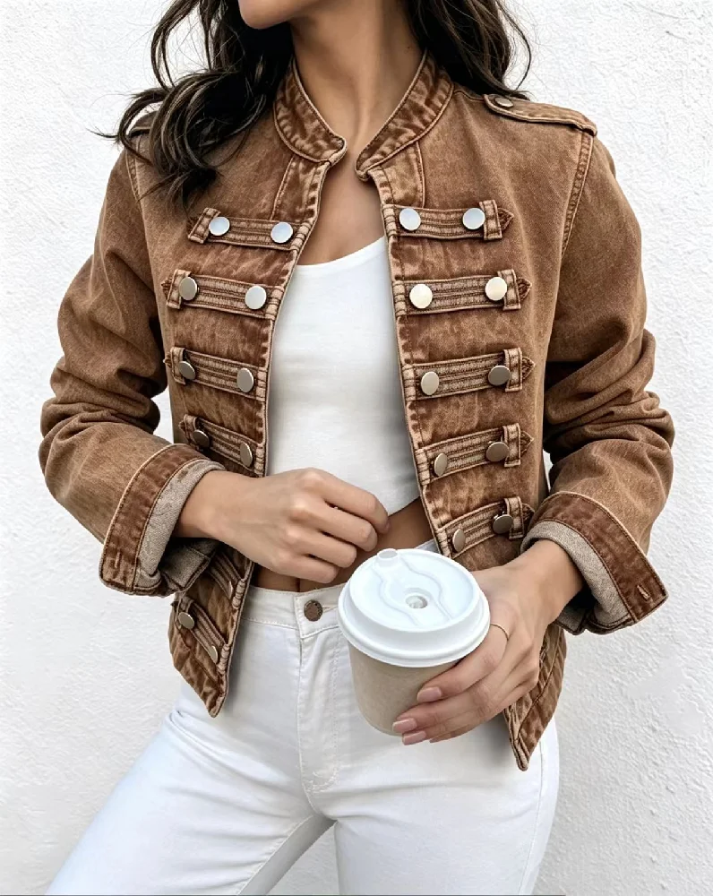 Women Military Style Denim Stand Collar Metal Buttons Long Sleeve Vintage Washed Jean Outerwear