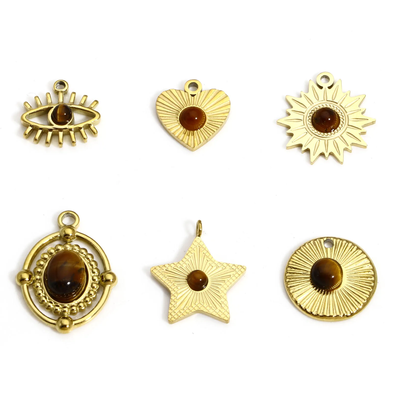 1pc Titanium Steel & Tiger's Eye Retro Charms 18K Real Gold Plated Sunflower Pendants for DIY Necklace Women Jewelry Making