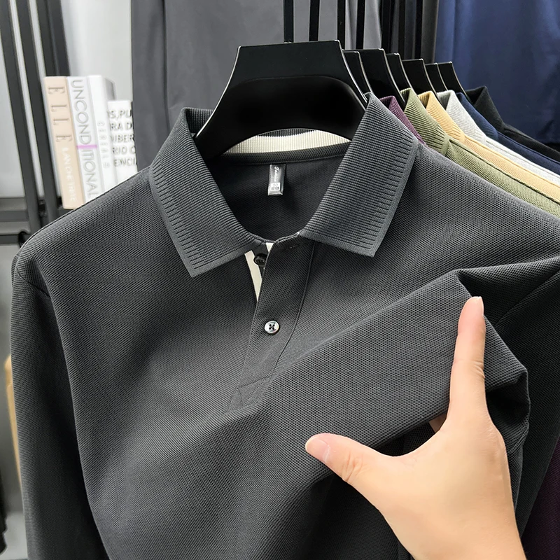 

100% pure cotton men's long sleeve polo shirt luxury comfort classic solid color high-quality versatile business casual T-shirt