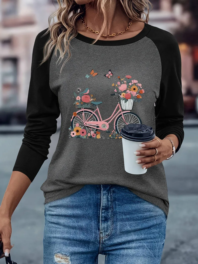 Lustiges Fahrrad mit Blumen- und Schmetterlingsdruck, lässiges Langarm-T-Shirt, Winter-Herbst-Grafik, lockeres, bequemes T-Shirt für Damen – Detail 3