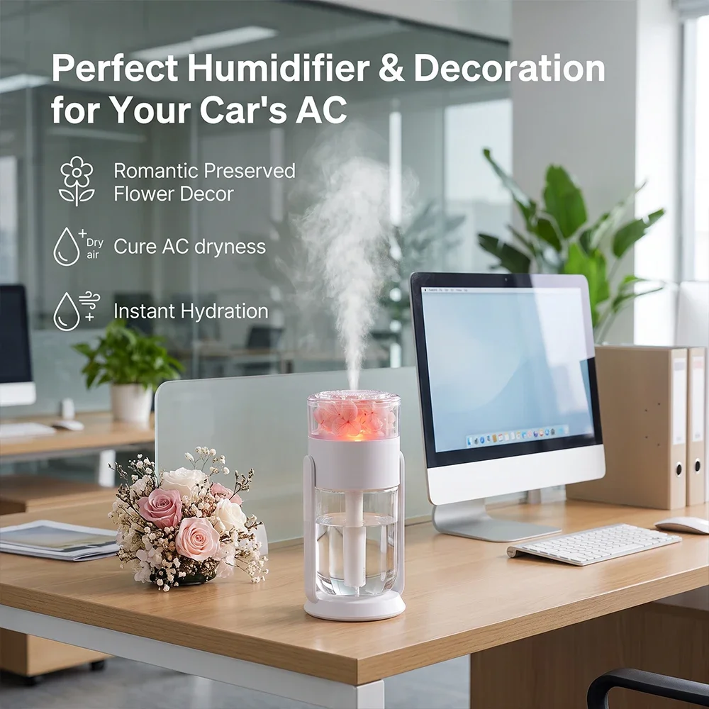 USB Desk Air Humidifier With LED Color Preserved Flower 280ml Mini Cool Mist Humidifier 2 Mist Mode Quiet For Bedroom Office Car