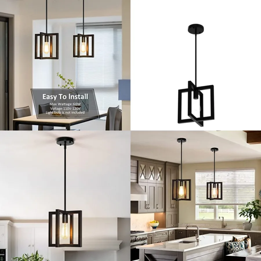 Modern Pendant Lighting for Kitchen Island 1-Light Farmhouse Black Light Fixtures Hanging Adjustable Small Square Chandeliers C