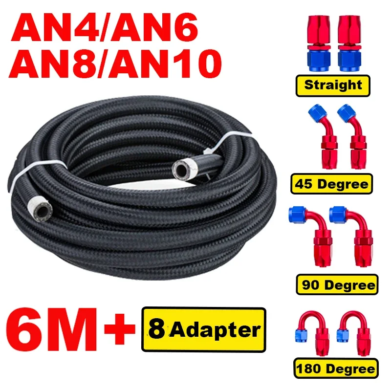 20FT 6M AN4 AN6 AN8 AN10 Stainless Braided Nylon CPE Oil Fuel Fitting Hose End 0+45+90+180 Degree Oil Adaptor Kit Oil Fuel Hose