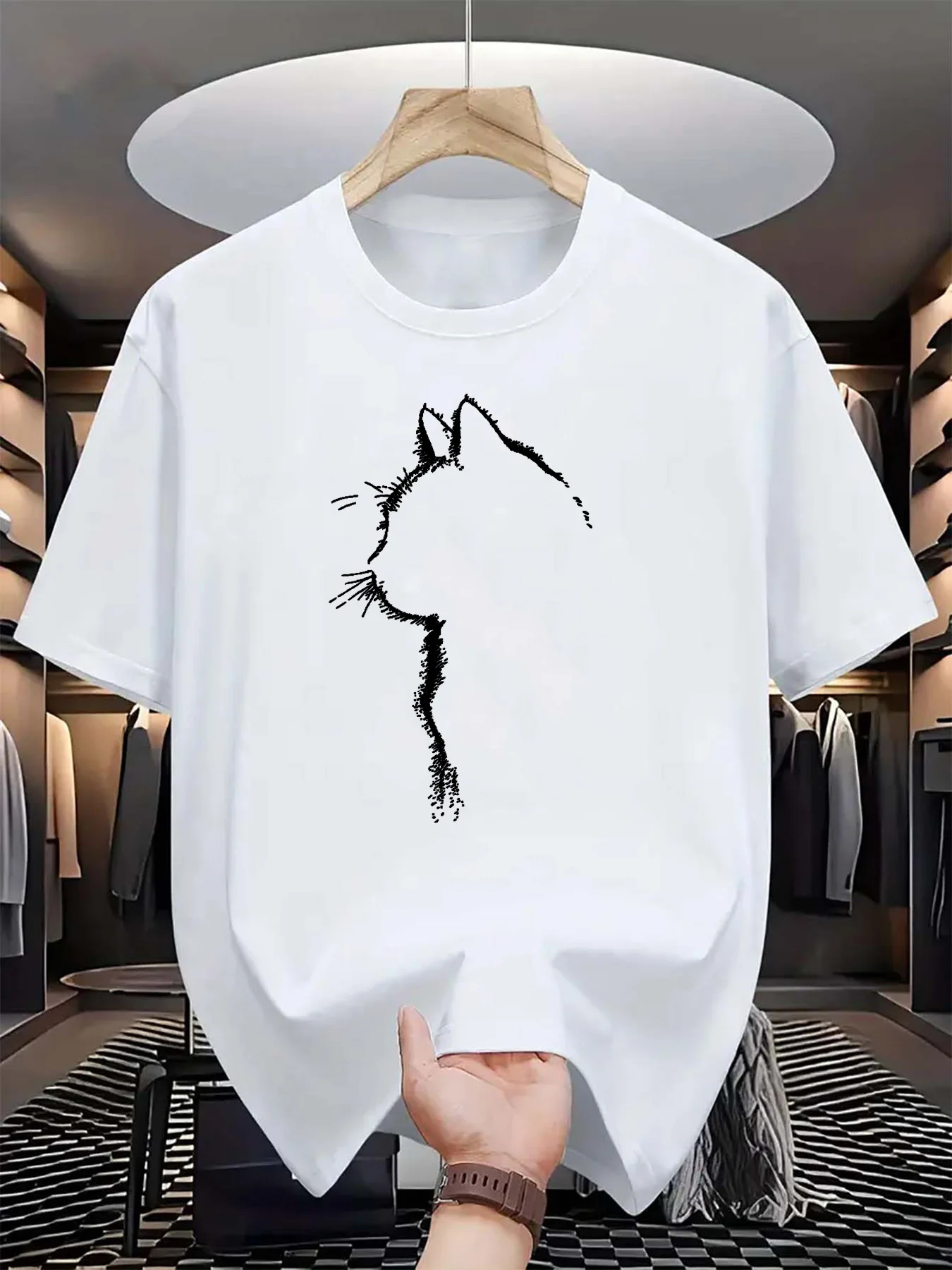 Summer men's 100% pure cotton casual sports loose cat pattern printed comfortable round neck short sleeved T-shirt top image 3