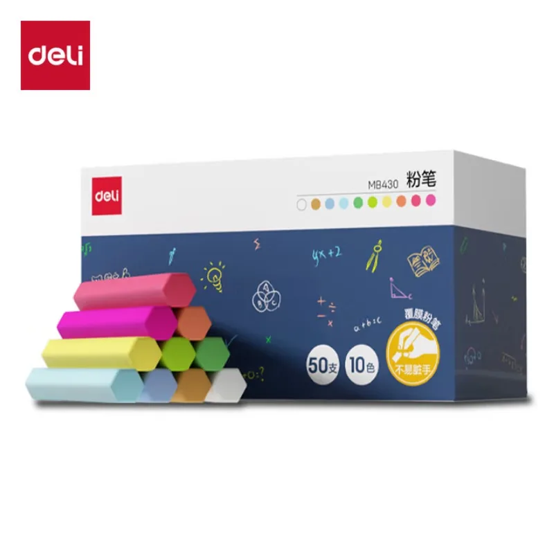 

Набор цветных мелков Deli, 50 шт., 10 цветов, без пыли, стираемые, моющиеся, для домашнего обучения
