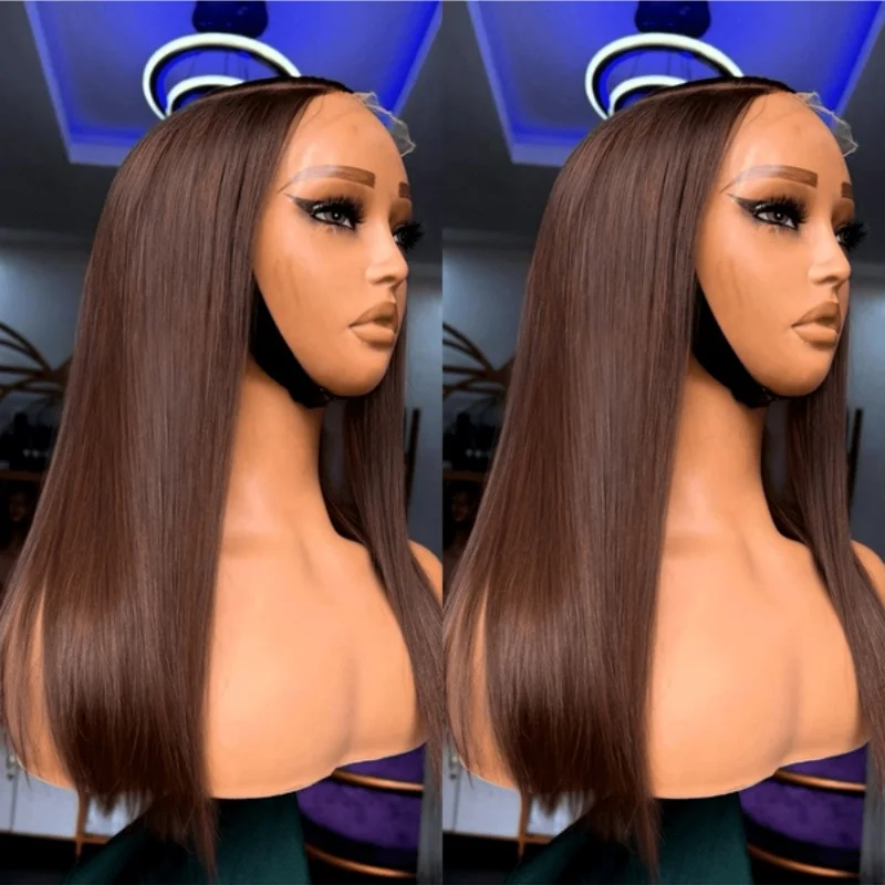 

13X4 Прямой парик фронта шнурка Шоколадно-коричневый предварительно сорванный прозрачный парик из натуральных волос на шнуровке 42 дюйма Длинный бразильский парик из волос для женщин