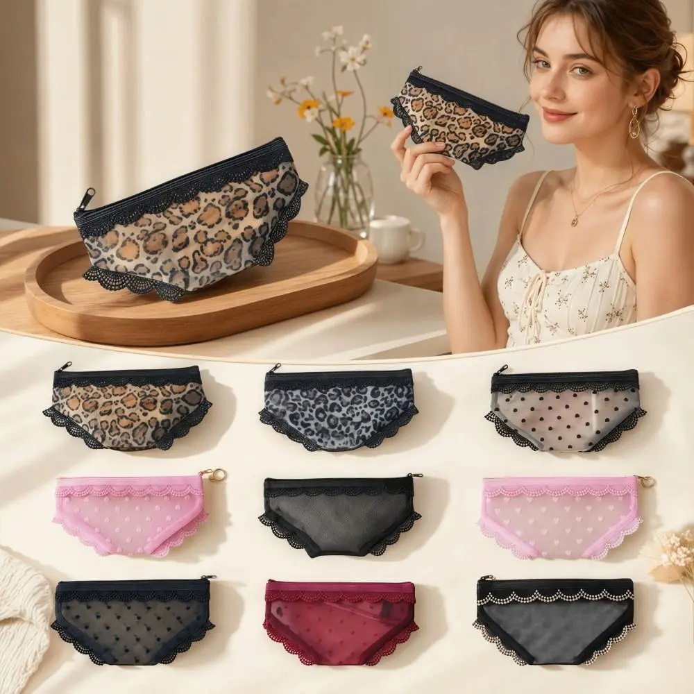Creativity Briefs Shape Cosmetic Bag Lace Heart Mesh Makeup Storage Pouch Transparent Y2K Toiletry Bag Storage for Travel