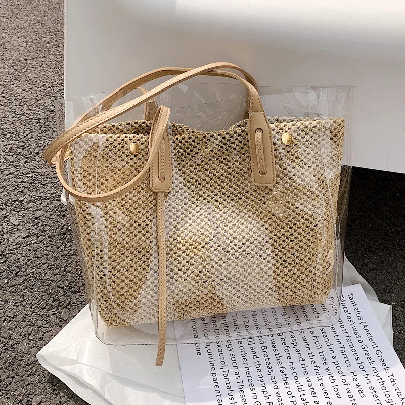 Summer New Transparent Straw Bag Large Capacity Rattan Shoulder Bag Woven Handmade Tote Bag Seaside Beach Bag Shopping Bag sac