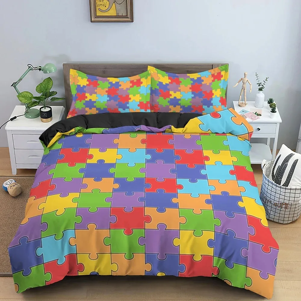 New 3D Print Colorful Puzzle Duvet Cover King Queen Geometric Figure Quilt Cover Simple Polyester Bedding Set for Kids Boys Girl