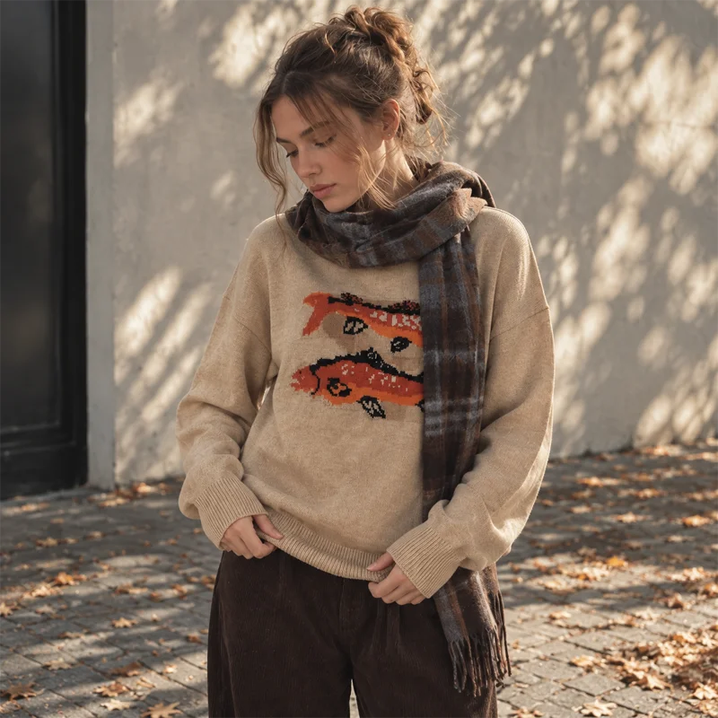 Women Beige Knit Sweater Fish Graphic Crew Neck Long Sleeve Oversized Pullover Y2K Vintage Casual Streetwear Winter Jumper Top