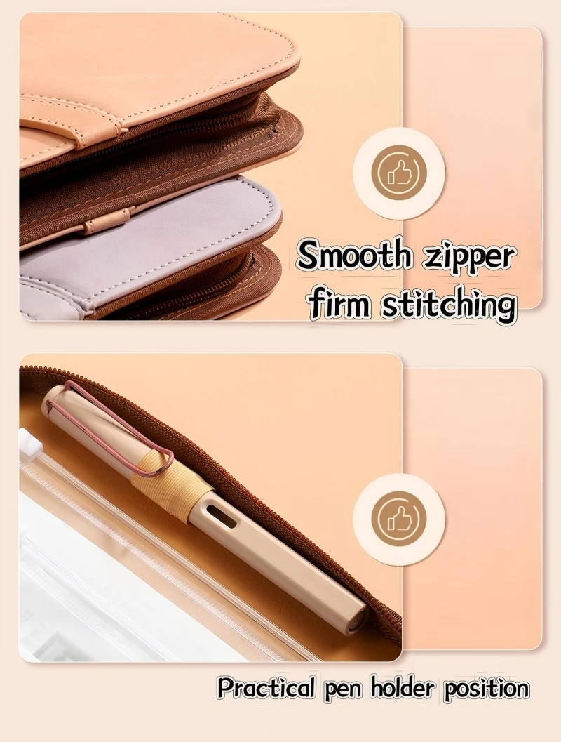 Fotografia 4: Novo Conjunto de Pastas Organizadoras de Documentos A4 com 4 Argolas em Couro PU, incluindo 3 Tipos de Bolsos com Zíper