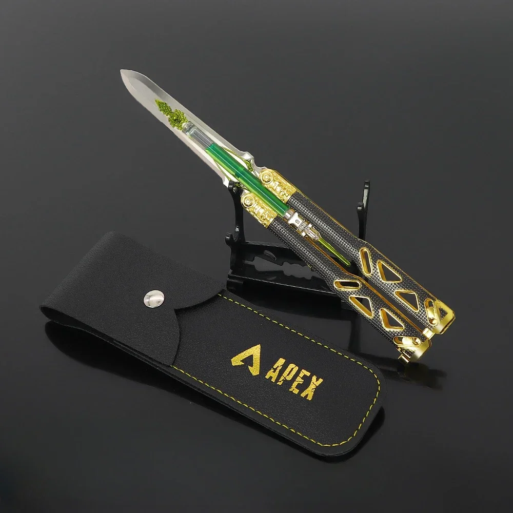 21cm Apex Game Peripherals Power Boy Heirloom Butterfly Knife with Leather Sheath Liquid Model Metal Ornament