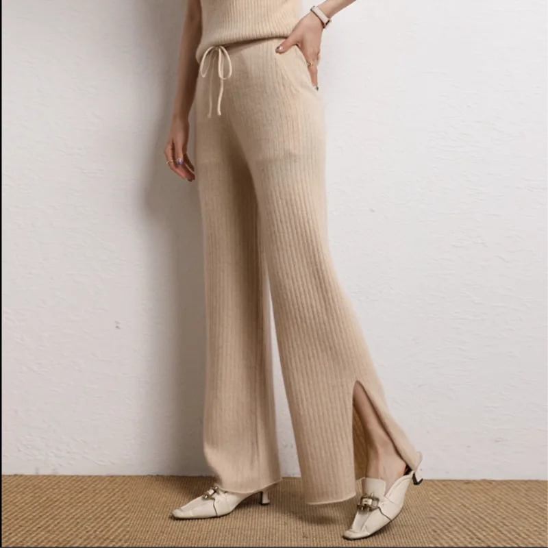 

Women's 100 Pure Cashmere Casual Wide Leg Pants, Computer Knitted Pants, High Grade, Stripped, Autumn, Winter, New, 23