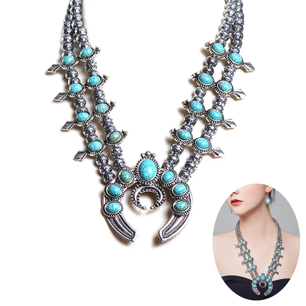 

Women Ox Horn Necklace Vintage Alloy Turquoise Blue Bohemia Jewelry Retro Style Elegant Necklace for Casual Formal Events Gift