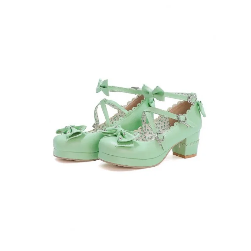Vintage Court Style Mary Jane Lolita Shoes Cute Bow Buckle High Heels Women Plus Size 33-48 Cosplay Tea Party Footwear