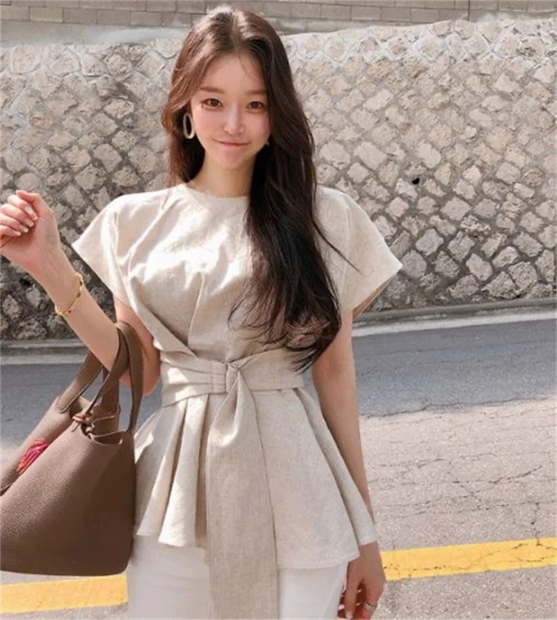 T Shirt Women Ruffle with Belt Elegant Solid T-Shirts Lace-Up Tee Women Short Sleeve Streetwear Korean Fashion Office Lady Tops