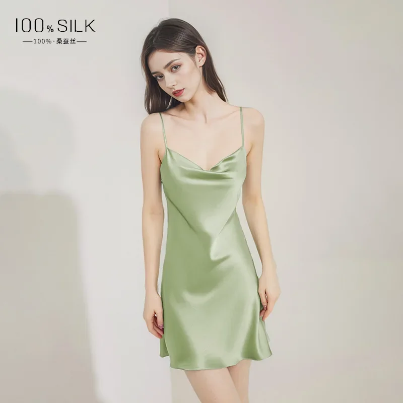 Women 100% Mulberry Silk Slip Nightdress Draped Cowl Neck Sexy Mini Sling Nightgown Solid Summer Elegant Silk Sleepwear Lingerie