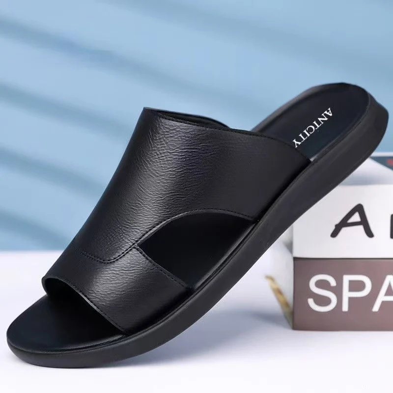 Men Real Leather One Word Slipper Sandals Summer New Soft Sole Non Slip Lightweight Breathable Outdoor Beach Slippers Sandals